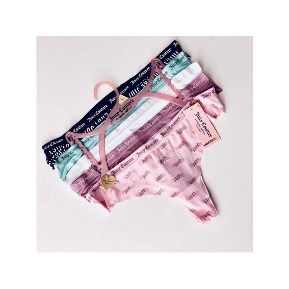 NWT Juicy Couture L Colorful Signature Raw Edge Thong Waist Logo Panties 5 Pack